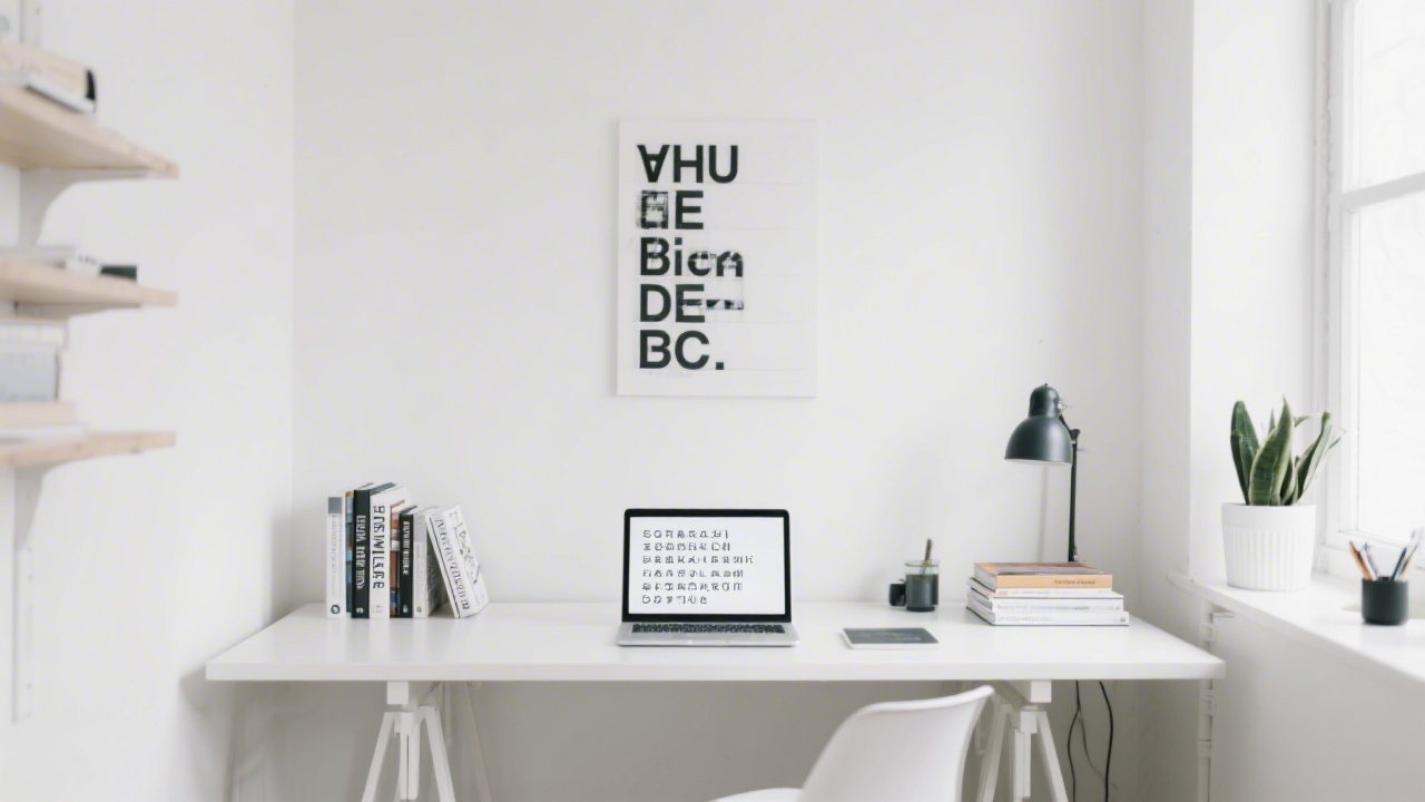 Bright creative studio space with white walls, clean desk, design books and a laptop showing a typography layout, reflecting a focused branding environment.
