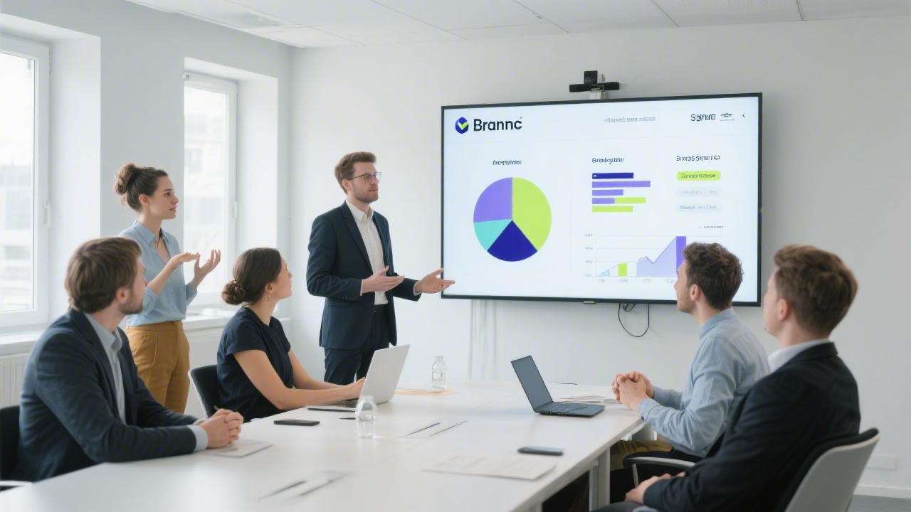Team presenting a startup pitch in a bright meeting room with a large screen showing brand visuals and charts, highlighting a clear and professional brand system.