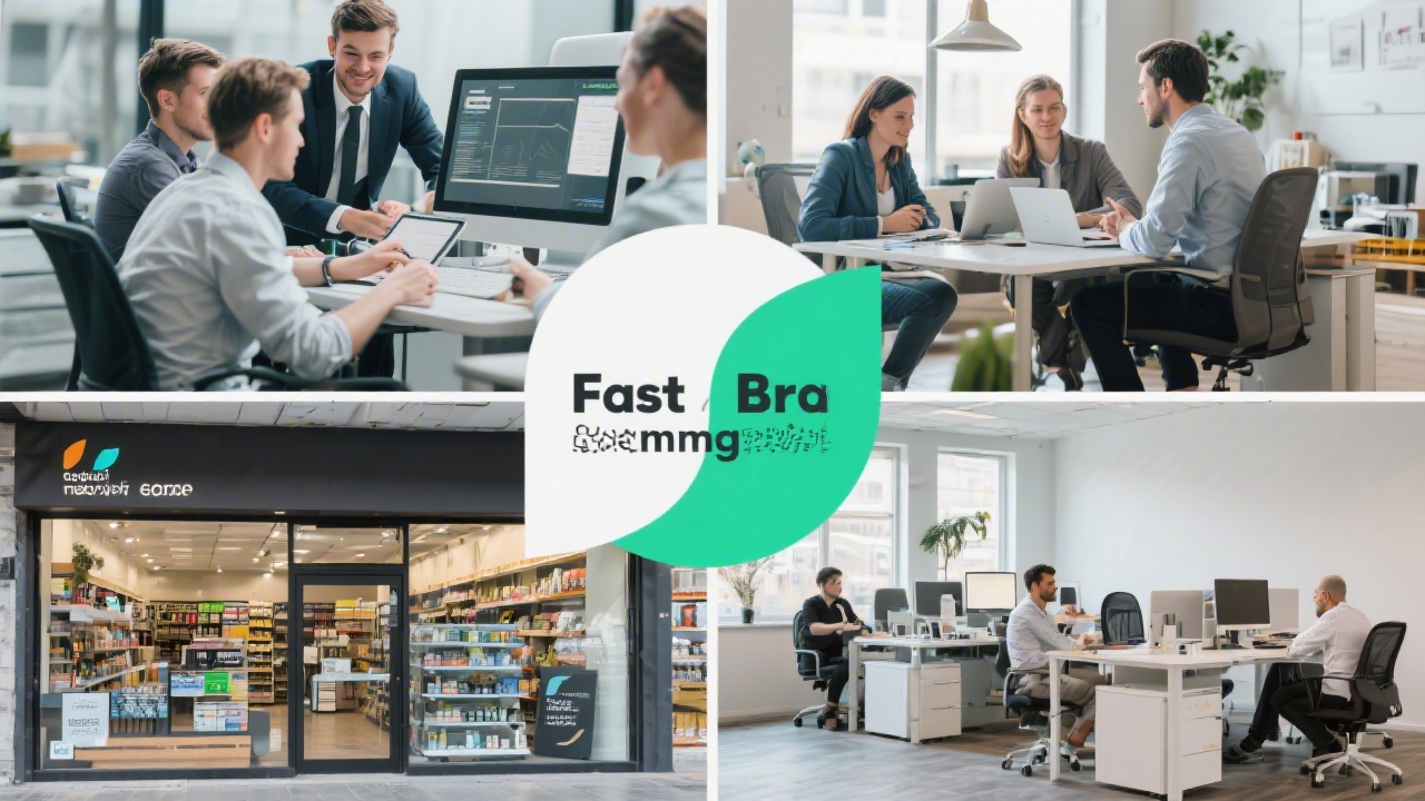 Collage of business scenes including software team, small retail shop and professional services office, illustrating diverse industries that benefit from fast branding.