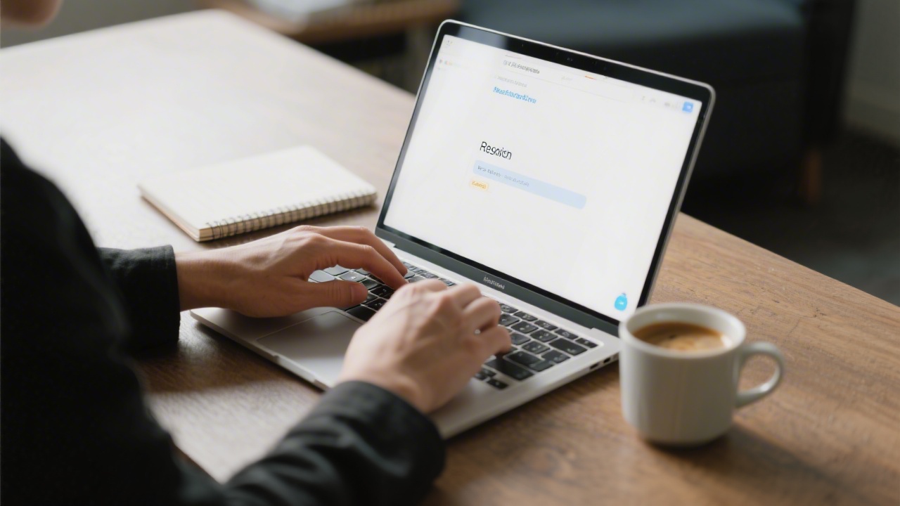 Person typing a reply on a laptop with a notebook and a cup of coffee nearby, suggesting a professional and timely response workflow.