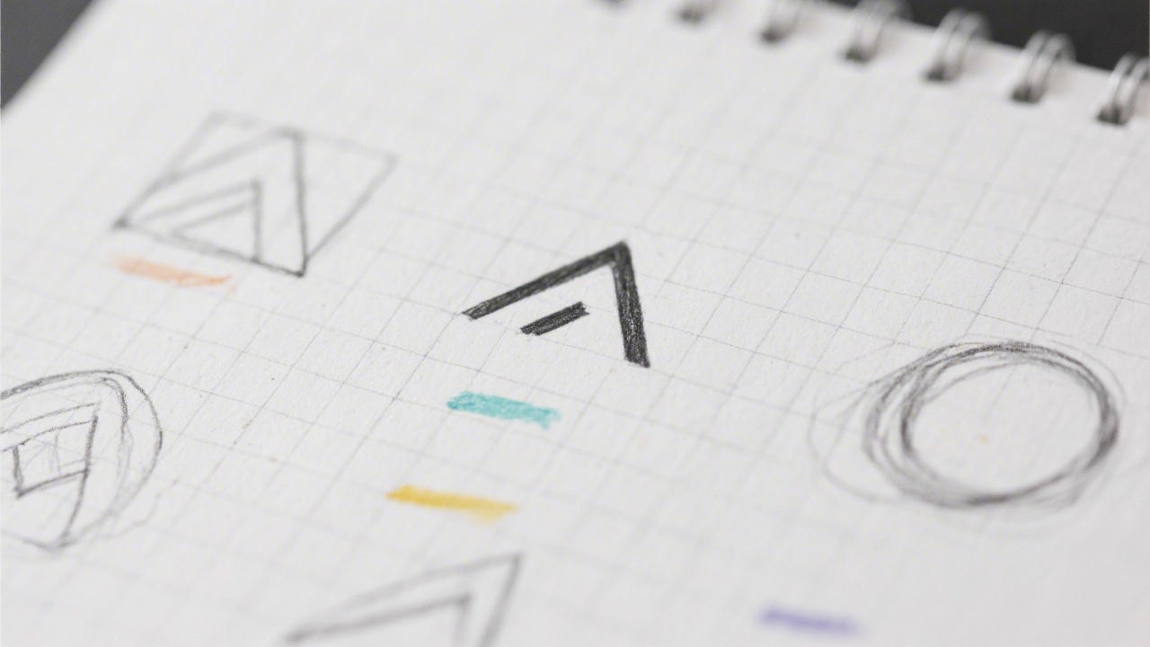 Close-up of minimalist logo sketches on paper with pencil lines, color notes and a clean grid, showing early stage logo exploration in a branding process.
