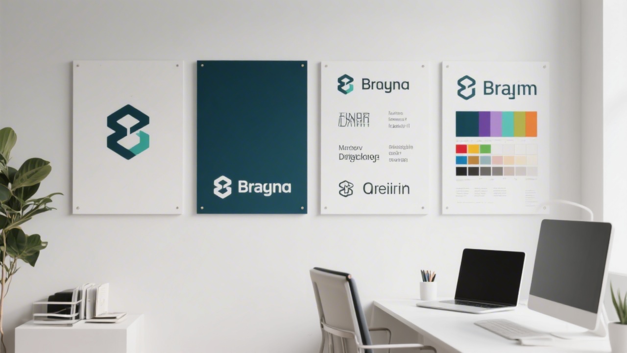 Clean workspace with branding boards on a wall, showing logo variations, typography samples, and color palettes arranged for a clear visual presentation.