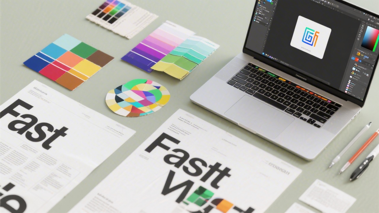 Flat lay of color swatches, typography printouts, and a laptop showing vector software interface, illustrating practical tools used in fast branding production.